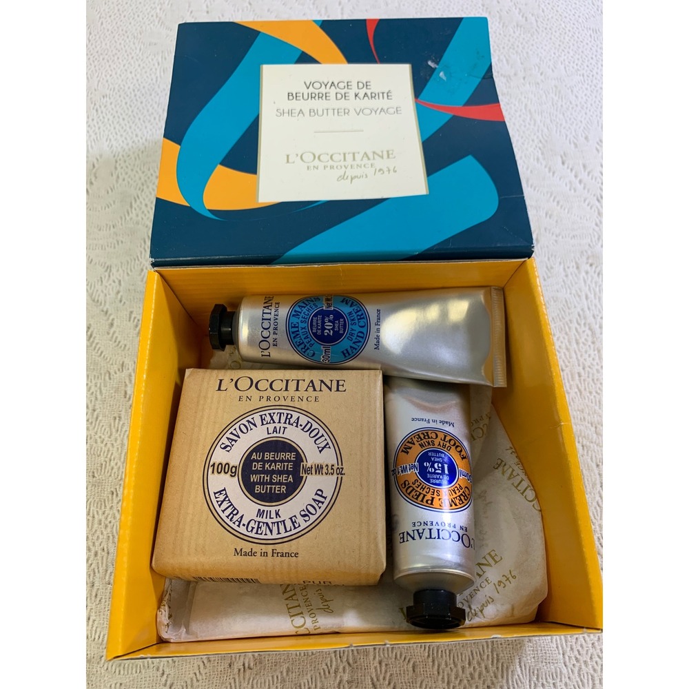 L'Occitane Shea Butter Voyage 3pc Gift Set Hand Cream Foot Cream Milk Soap New